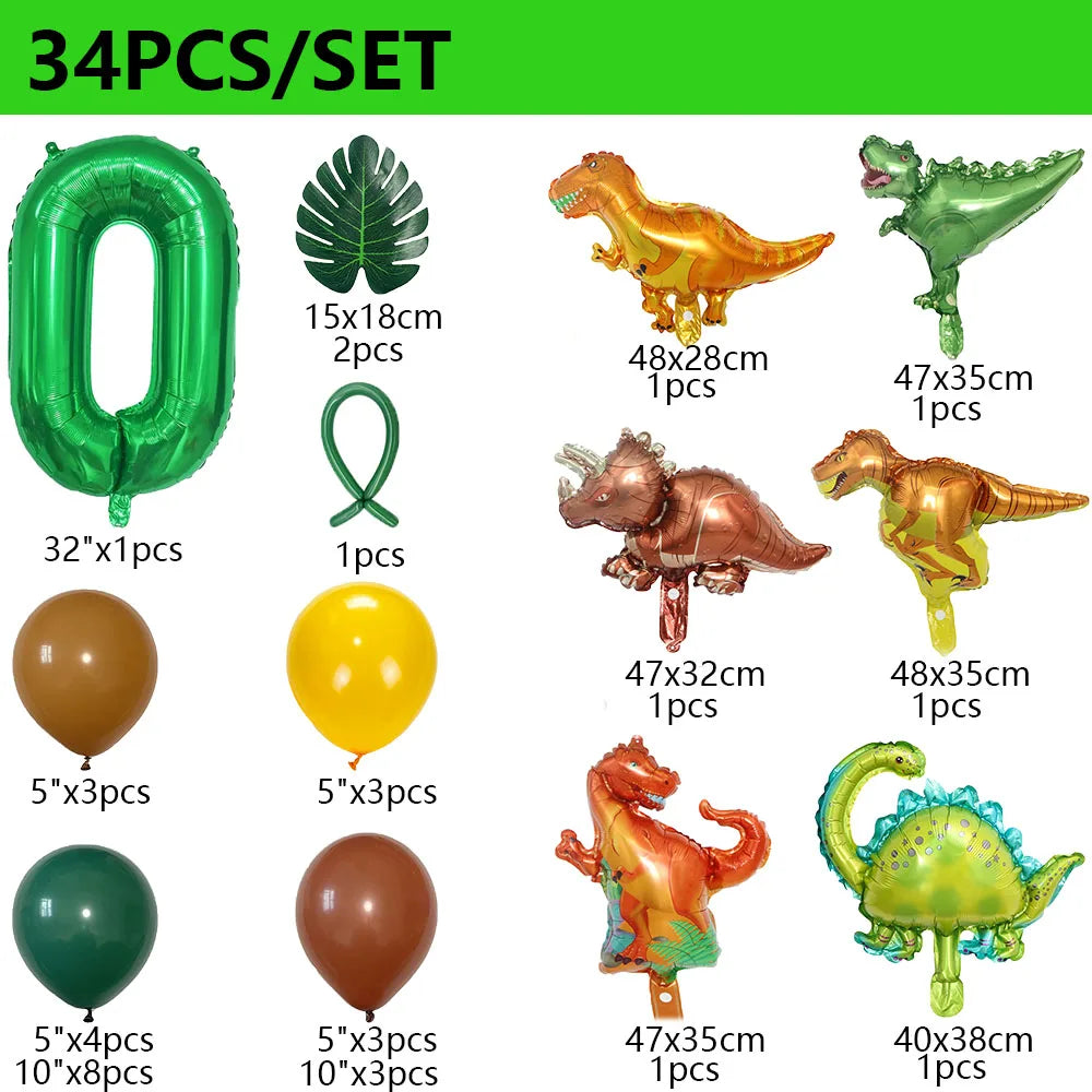 34Pcs 1 2 3 Years Dinosaur Birthday Party Dino Balloons Palm Leaf Set First Bthday Boy Party Kids Baby Shower Jungle Safari Deco