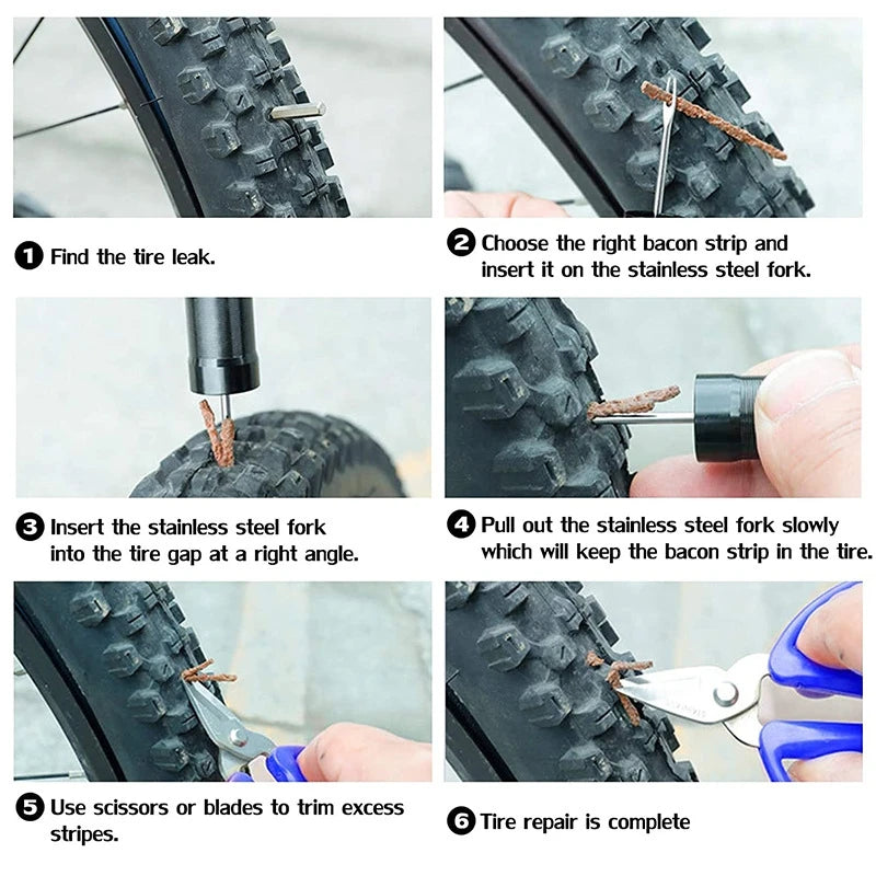 Fork Drill Vacuum Tire Repair Kit, Portable Emergency Mountain Bike Tire Repair Rubber Strip, Bicycle Repair Tool