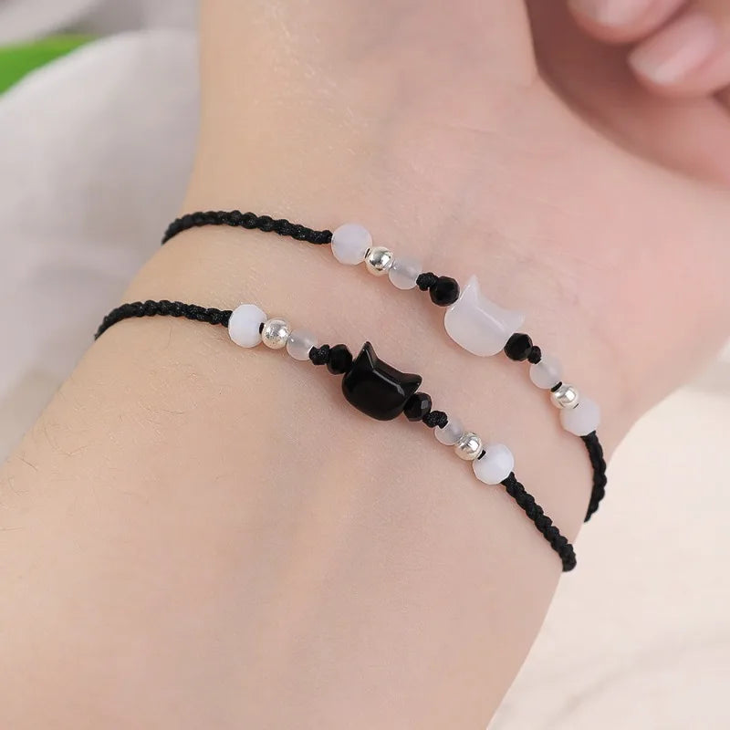 2pcs Natural Moonstone Obsidian Bracelets Couple Minimalist Bracelet Handmade Cute Black White Cat Bracelet Party Jewelry Gifts