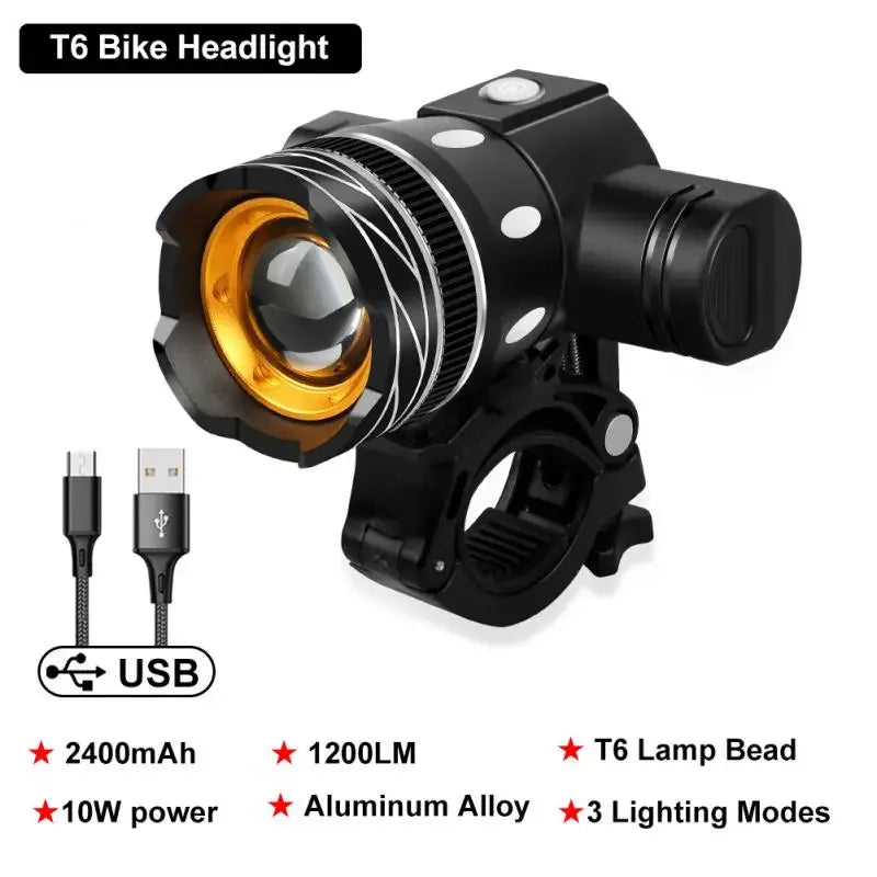 NEW T6 LED Bicycle Front Light With Taillight USB Rechargeable Lantern Zoom Bike Headlight Cycling Flashlight Bike Accessories
