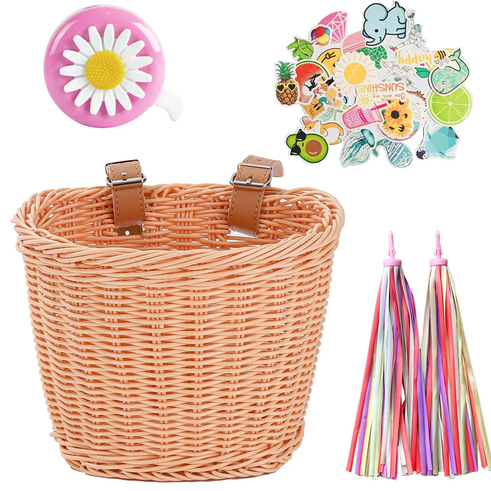 4pcs/Set PE Rattan Wicker Bicycle Front Basket+Bell+Tassel+Stickers Adjustable Handwoven Kid Adult Bike Handlebar Accessories