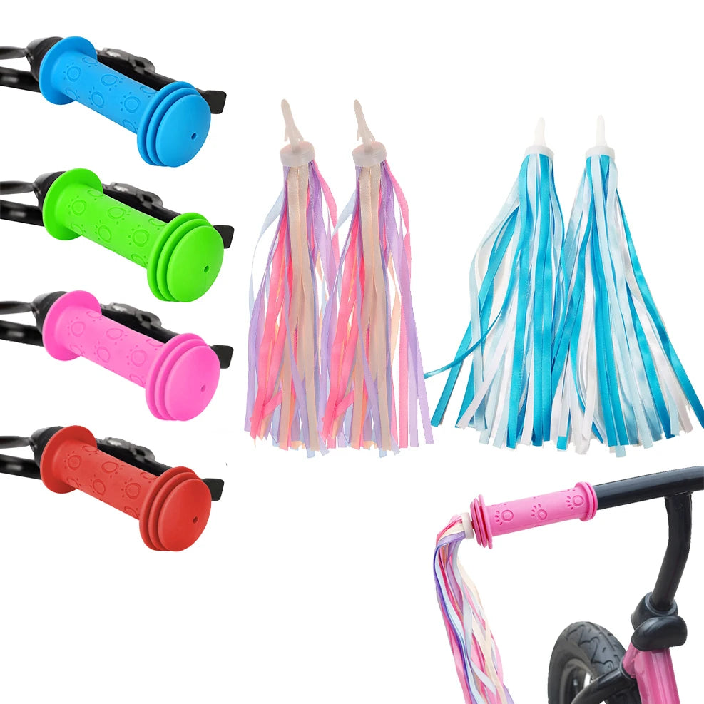 1 Pair Rubber Bike Bicycle Handlebar Grips Anti-slip Kids Girls Boys Scooter Handlebar Colorful Streamers Decoration Ribbon