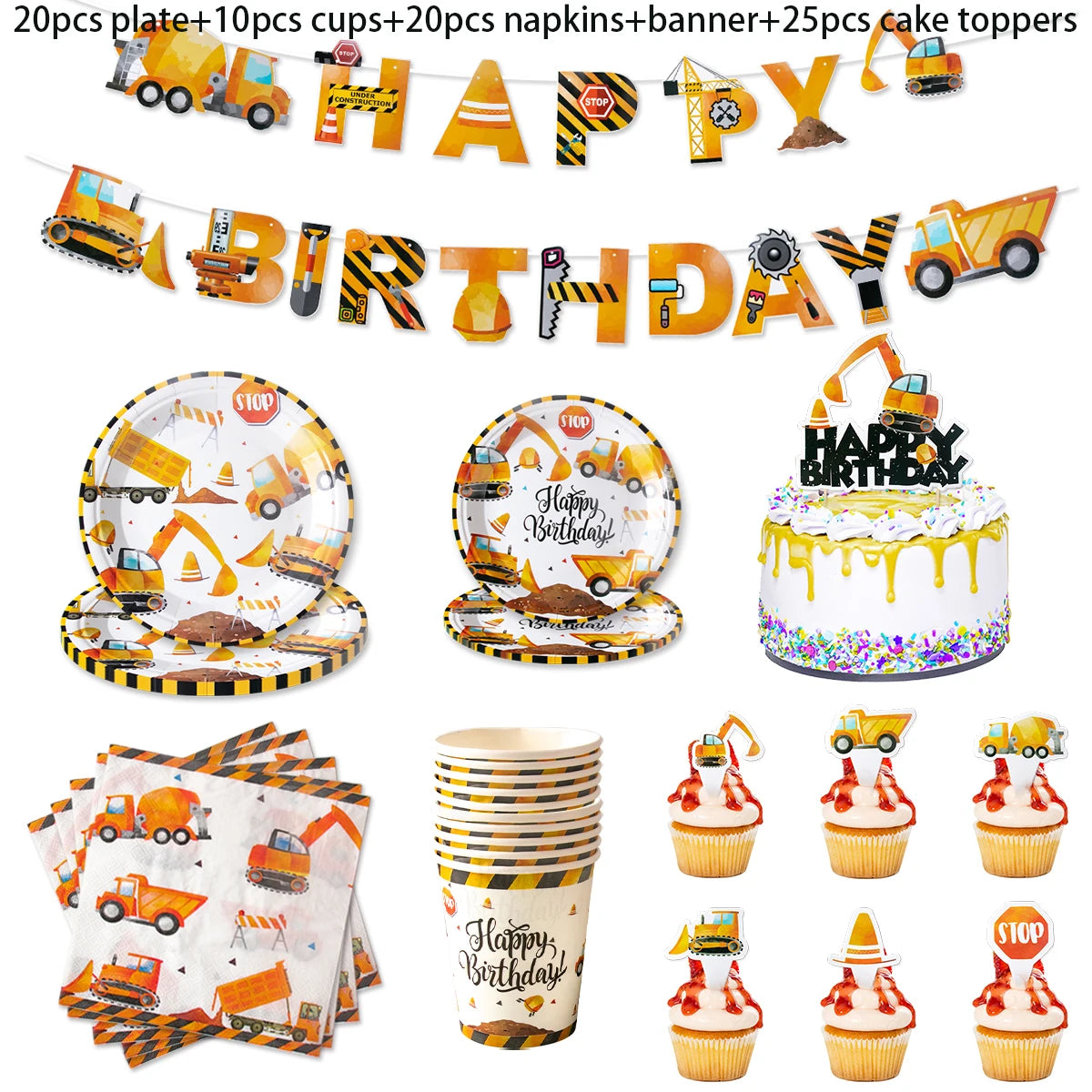 Construction Birthday Party Supplies Tractor Excavator Paper Plate Cup Birthday Banner Truck Latex Balloons For Child's Birthday
