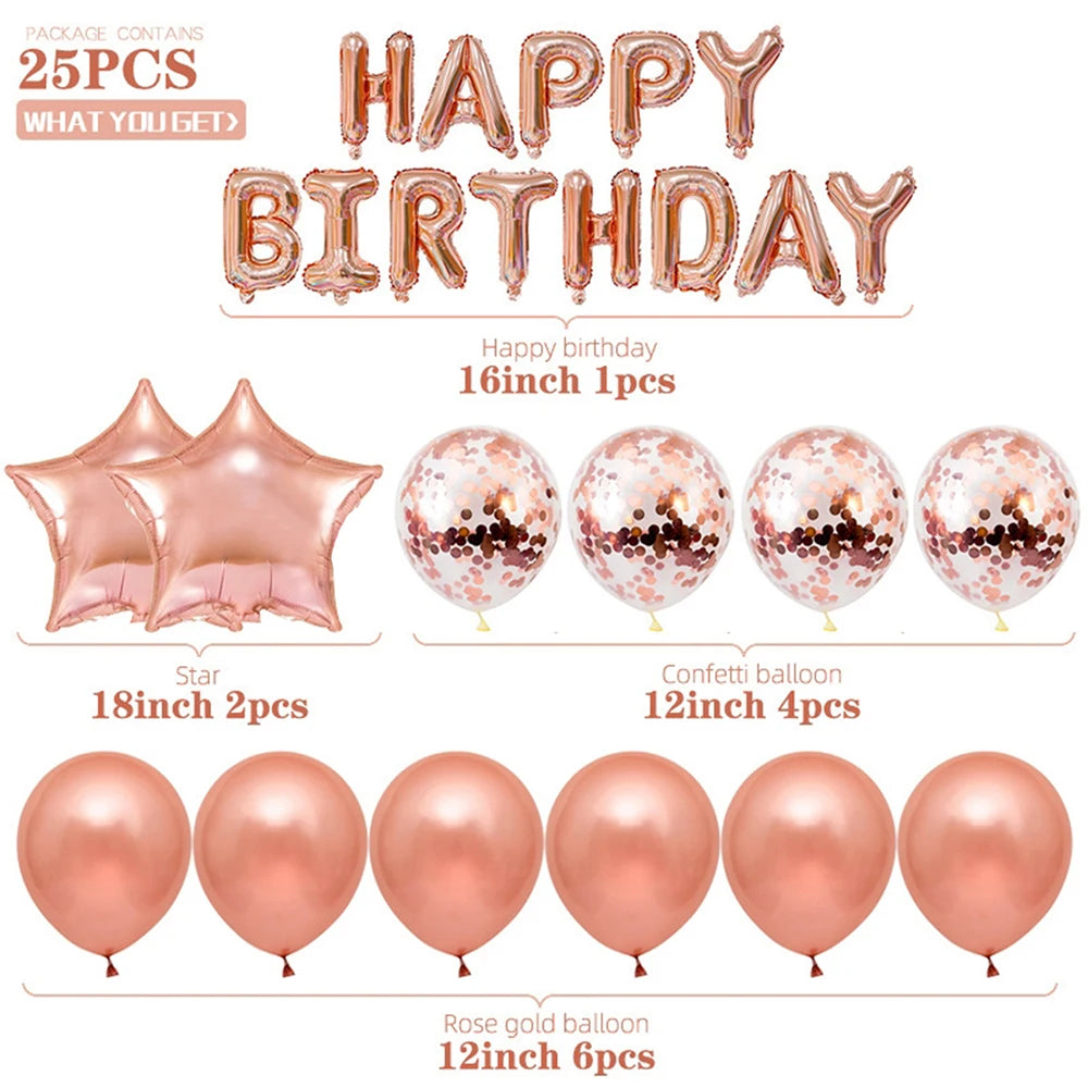 25pcs Balloons Set with Happy Birthday Banner Silver Blue Black Rose Gold Party
