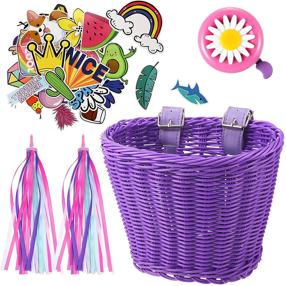 4pcs/Set PE Rattan Wicker Bicycle Front Basket+Bell+Tassel+Stickers Adjustable Handwoven Kid Adult Bike Handlebar Accessories