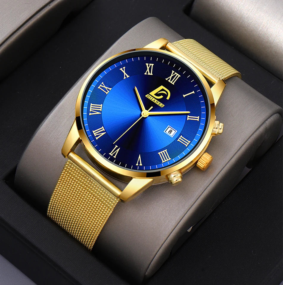2PCS Set Fashion Mens Calendar Watches Luxury Men Business Gold Stainless Steel Mesh Belt Quartz Watch Male Necklace Wristwatch