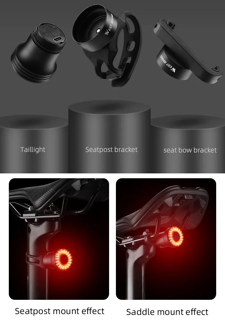 WEST BIKING Bike Rear Light Smart Brake Sensing Light Bicycle Tail Light Type-C Charging Taillight Road Cycling Accessories