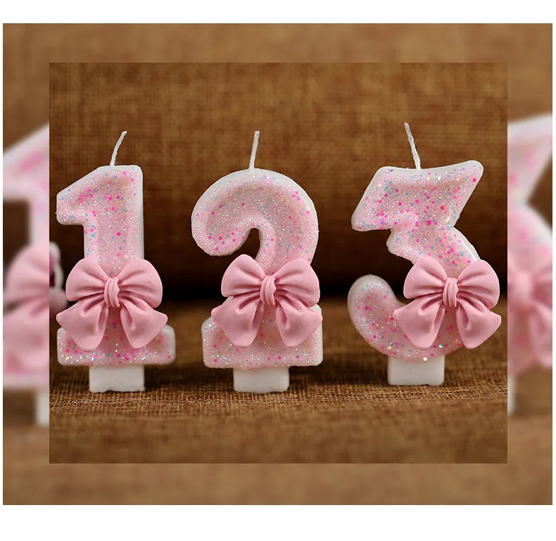 Number 0-9 Candle Cake Toppers with Pink Glitter Bow 1st Happy Birthday Cake Decorations for Girls 16th Birthday Party Supplies