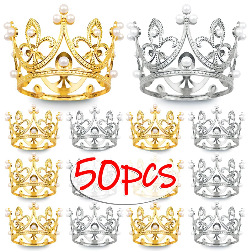 Mini Pearl Crown Cake Decoration Cupcake Topper Kids Hair Ornaments DIY Cake Baking Decoration For Wedding Birthday Party Decor