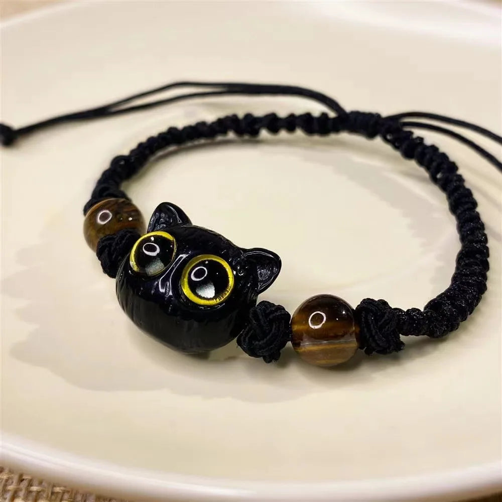 Cute Cat Couple Bracelet Imitation Wood Crystal Braided Children Bracelet Fashion Jewelry Trendy Accessories