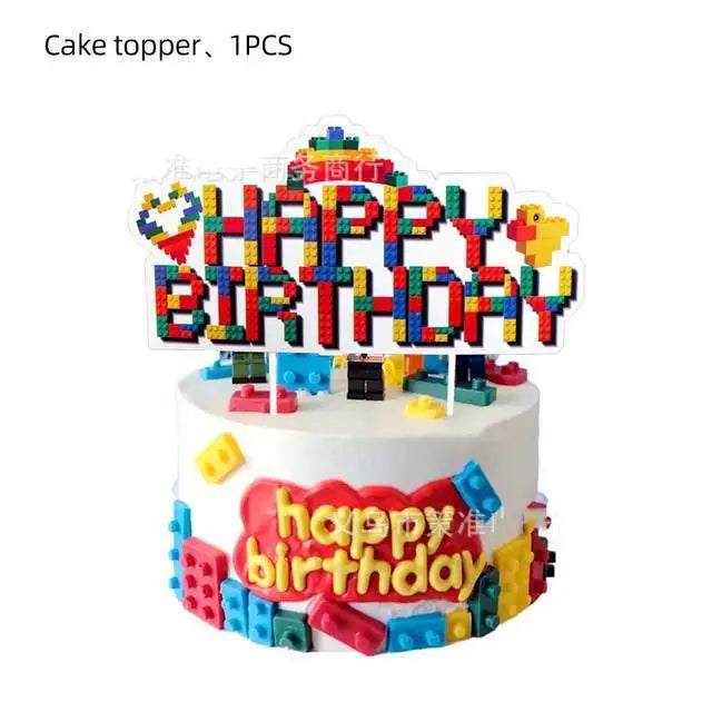 Building Blocks Theme Party Decor Supplies Disposable Tableware Cup Cake Topper Balloon Backdrop For Birthday Party Decoration