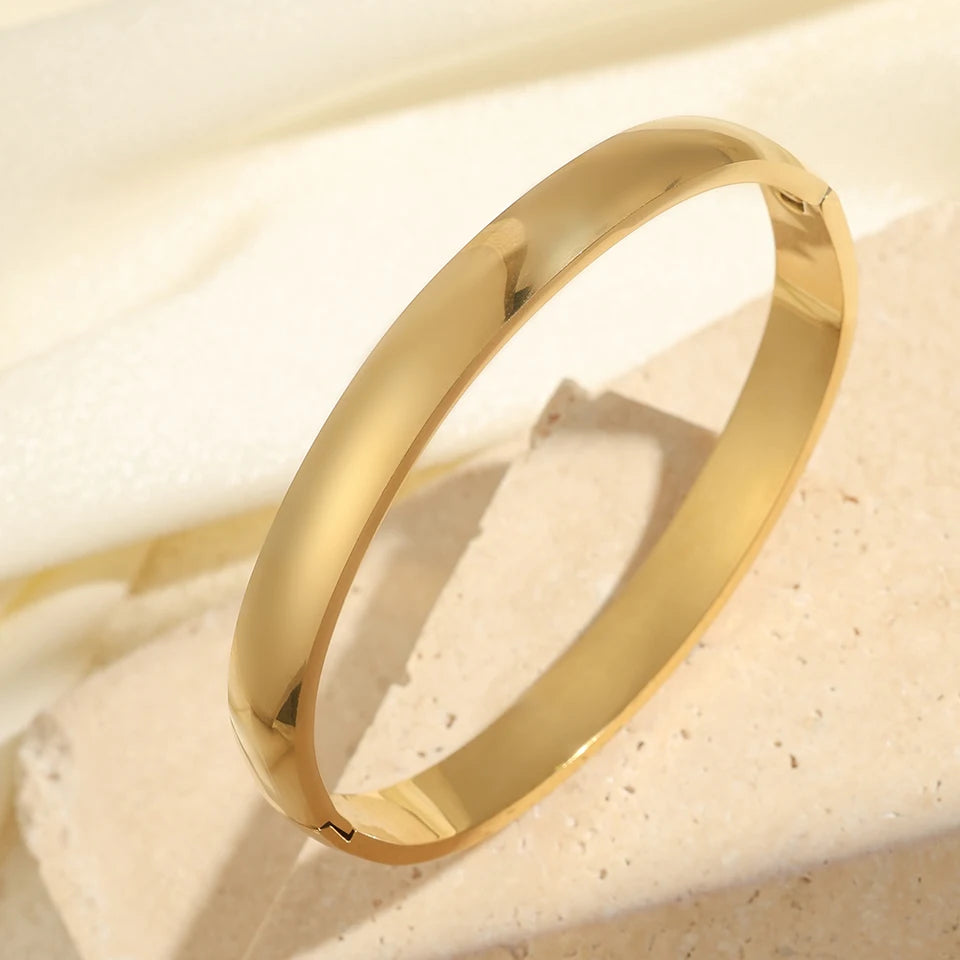 Yupsk Glossy Gold Color Stainless Steel Cuff Bangle for Women Smooth Thin Cylinder Bracelet Exquisite Waterproof Jewelry Gift