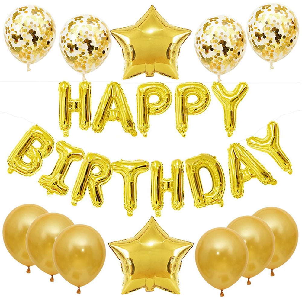 25pcs Balloons Set with Happy Birthday Banner Silver Blue Black Rose Gold Party