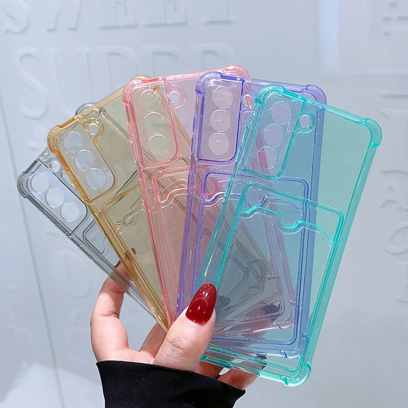 Shockproof Airbag Card Bag Wallet Clear Phone Case For Samsung Galaxy S21 S22 S23 FE S24 Plus S24 Ultra 5G Corners Bumper Cover