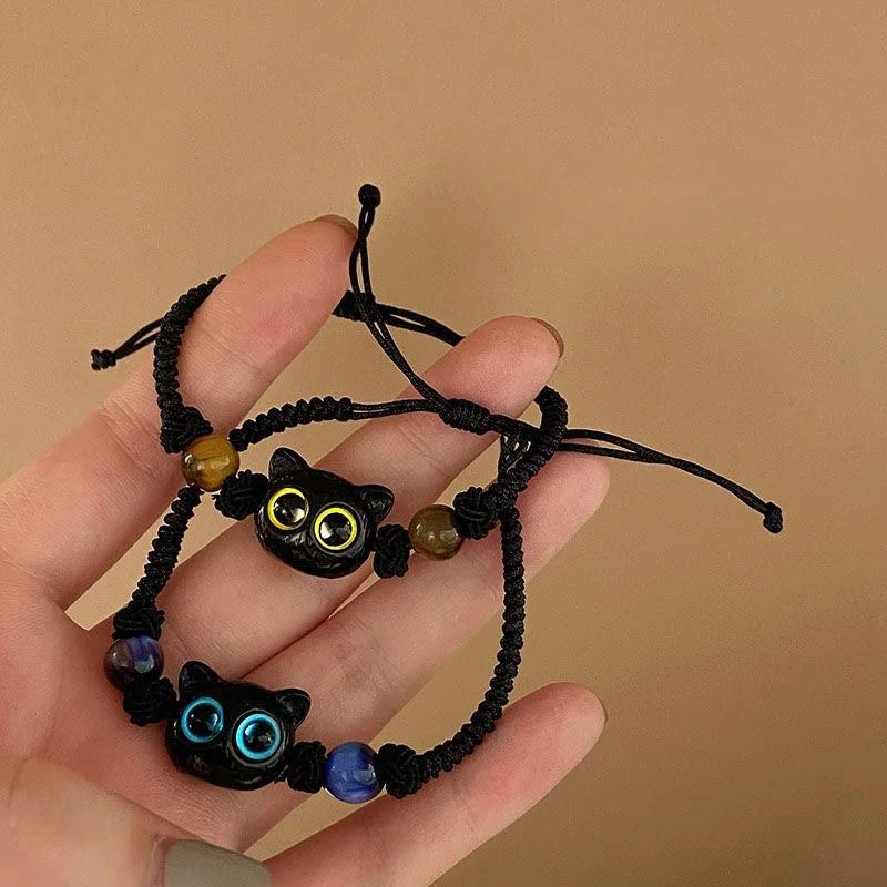 Cute Cat Bracelet For Women Funny Black Cat Bead Adjustable Braided Rope Charm Bracelets For Couple Friends Harajuku Jewelry