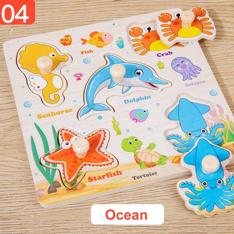 Montessori Wooden Puzzles Cartoon Animal Fruit Hand Grab Board Cognition Jigsaw Puzzle Game Learning Educational Toys For Kids