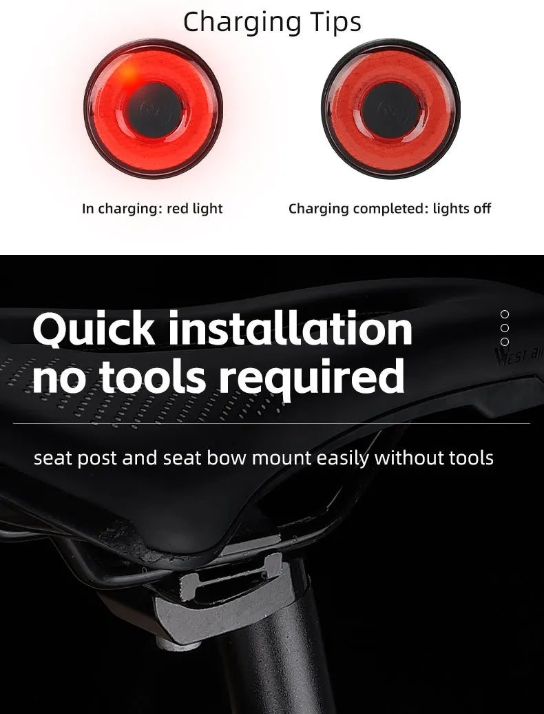 WEST BIKING Bike Rear Light Smart Brake Sensing Light Bicycle Tail Light Type-C Charging Taillight Road Cycling Accessories