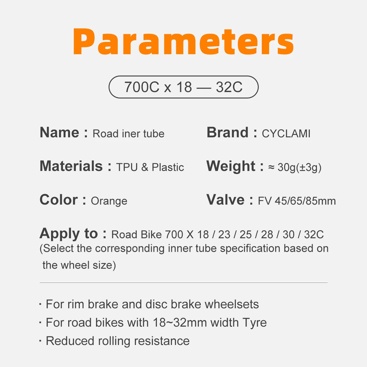 CYCLAMI 30g Ultralight Bike Inner Tube 700 x 18 23 25 28 30 32 Road Bicycle 700C TPU Material Tire 65mm Length FV French Valve