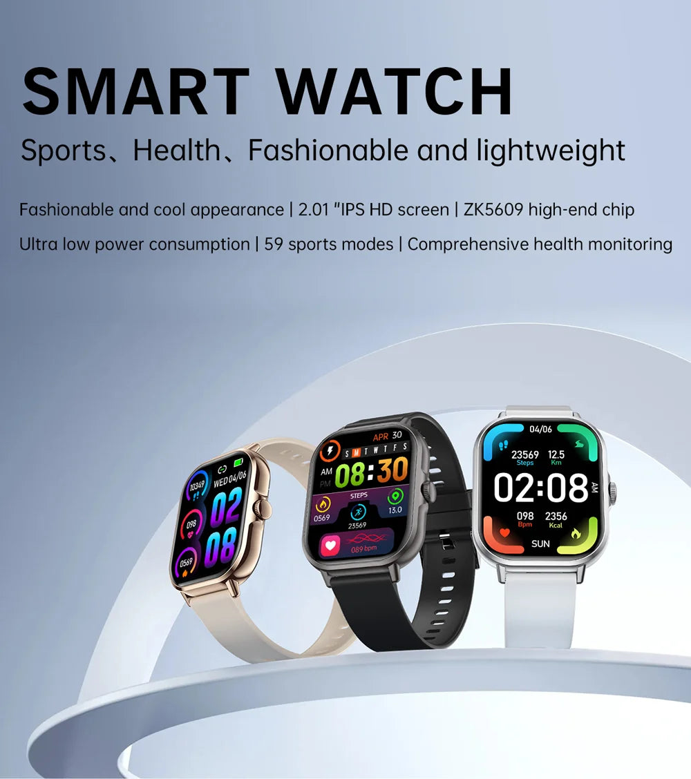 2024 2.01'' Smart Watch Bluetooth Call Play Music Smartwatch Fitness Sport Waterproof Watches for Men Women iPhone Android