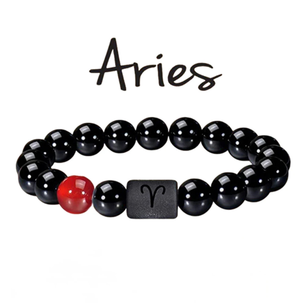 FTCY 10mm Zodiac Yellow Tiger Eye Stone Bracelet for Men Women Black Agate Crystal Elastic Cord Hand Chains Couple’s Jewelry