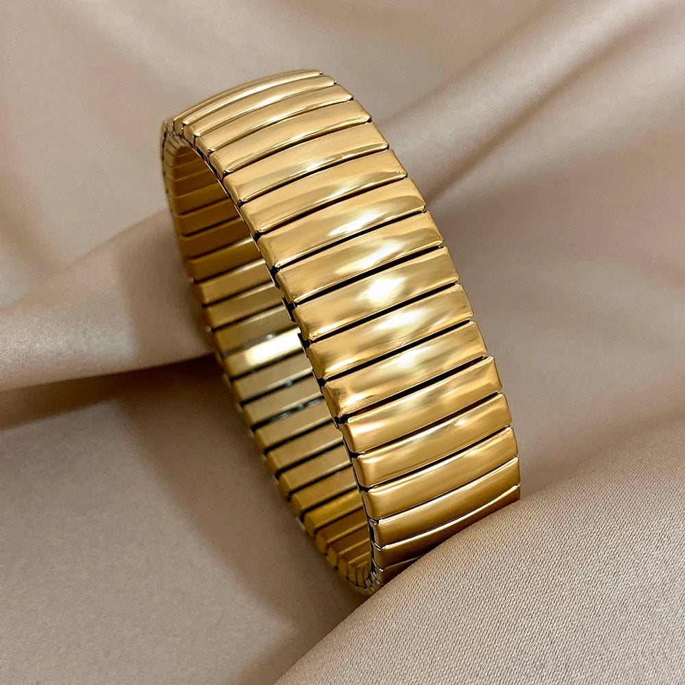 AENSOA Vintage Elasticity Stainless Steel Bangles Bracelet for Women Classic Heart Square Adjustable Wristband Waterproof Bangle
