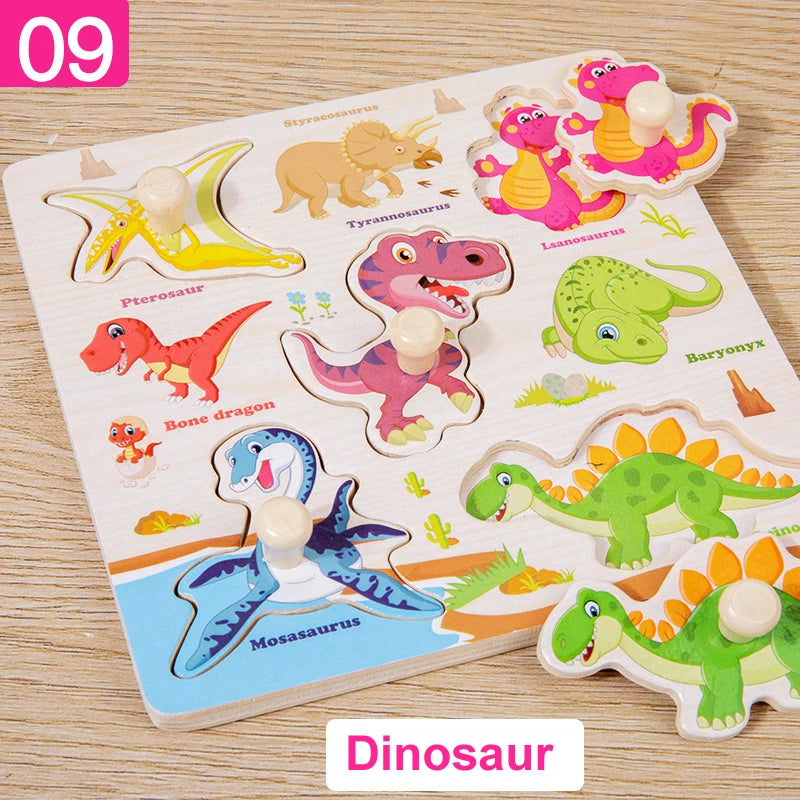 Montessori Wooden Puzzles Cartoon Animal Fruit Hand Grab Board Cognition Jigsaw Puzzle Game Learning Educational Toys For Kids