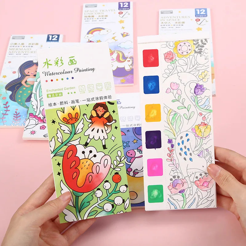 Portable Watercolor Painting Book 12 Sheets Coloring Book With Paint Brush Gouache Book Kids Graffiti Picture Drawing Toys