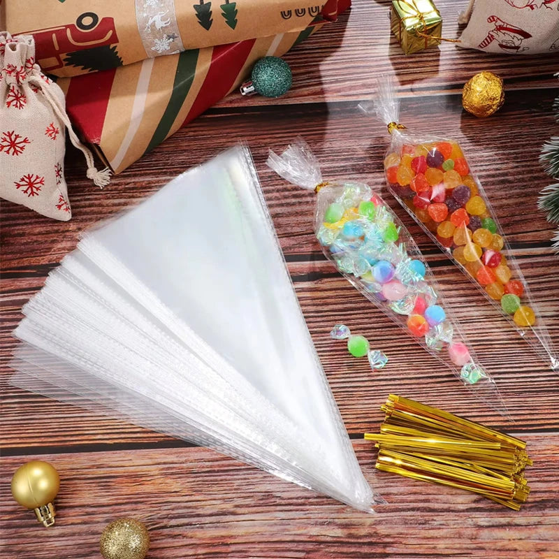 50pcs Candy Bags Cellophane Popcorn Bags Cone Cookies Storage Bags with Gold Twist Ties Wedding Birthday Party Favors