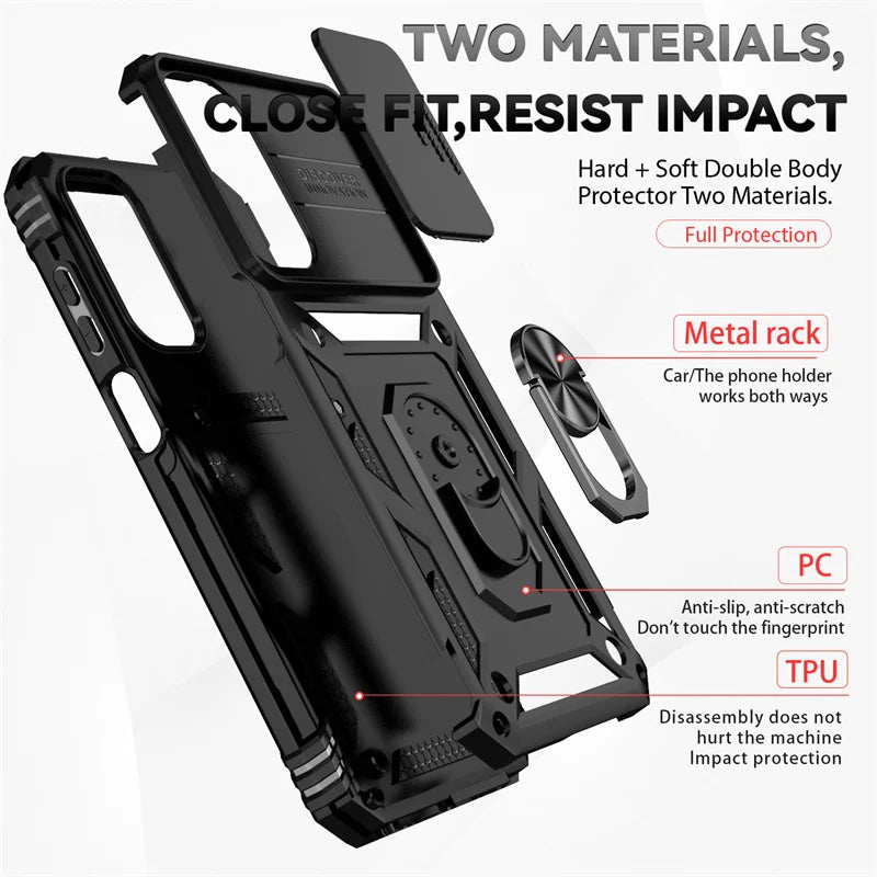 Slide Camera Lens Military Grade Armor Case For Samsung Galaxy A15 A25 A35 A55 5G Phone Holder Ring Stand Cover