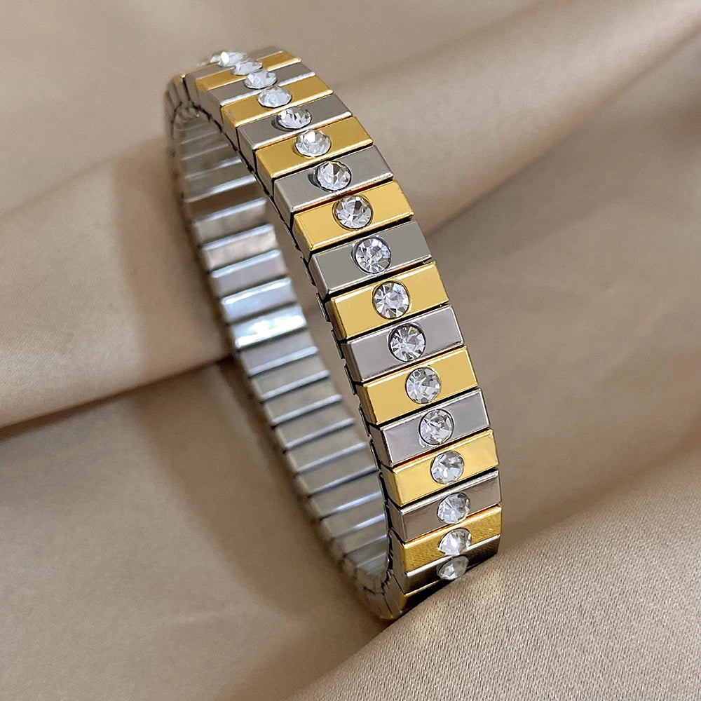 AENSOA Vintage Elasticity Stainless Steel Bangles Bracelet for Women Classic Heart Square Adjustable Wristband Waterproof Bangle