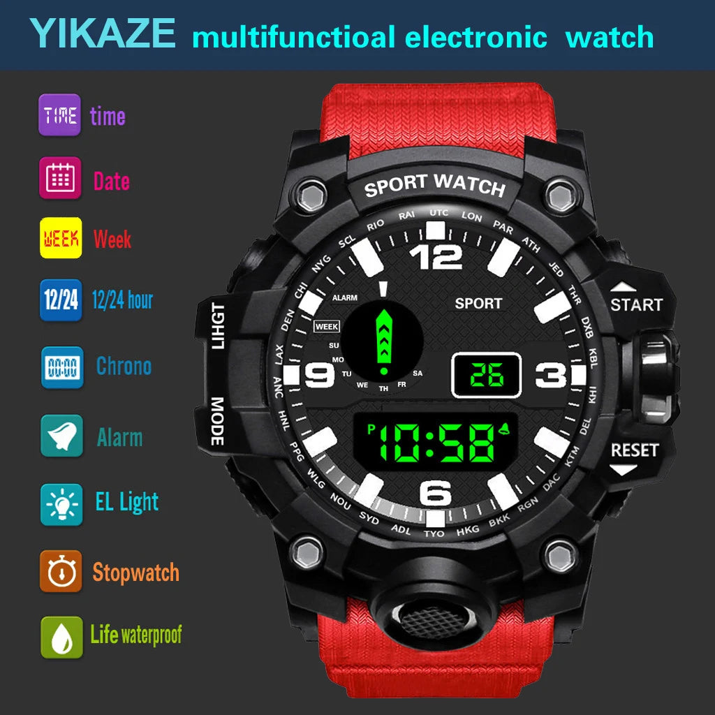 YIKAZE Sports Watch Men's LED Digital Watches Multifunction Military Waterproof Fitness Electronic Watch For Man