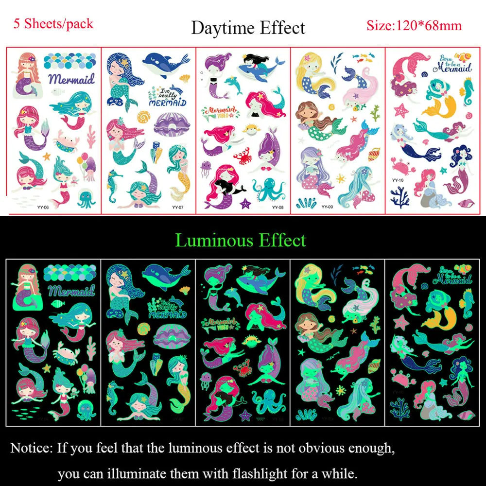 5 Sheets Luminous Tattoo Stickers Temporary Colorful Animal Dinosaur Tattoo Cute Tattoo Stickers Children's Body Tatto