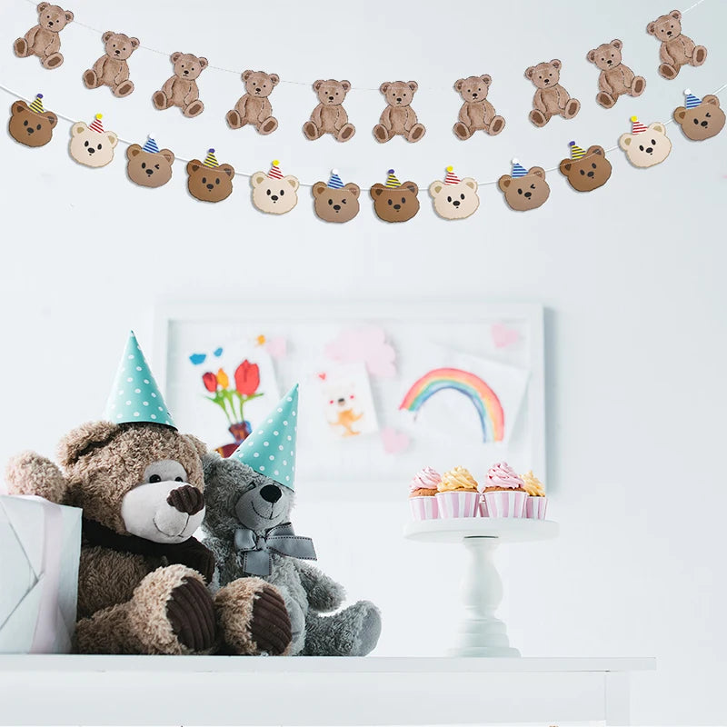 Bear Happy Birthday Banner Cute Bear Paper Birthday Bunting Banner Hanging Garland for Kids Baby shower 1st First Birthday Decor