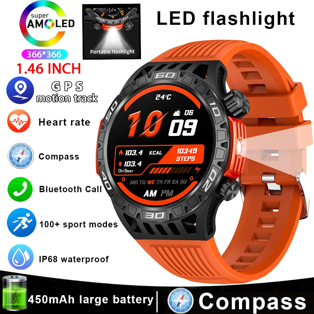 Outdoor Military Smart Watch Men's With LED lighting Bluetooth Call Smartwatch 3ATM IP68 Waterproof Compass Sports Fitness Watch