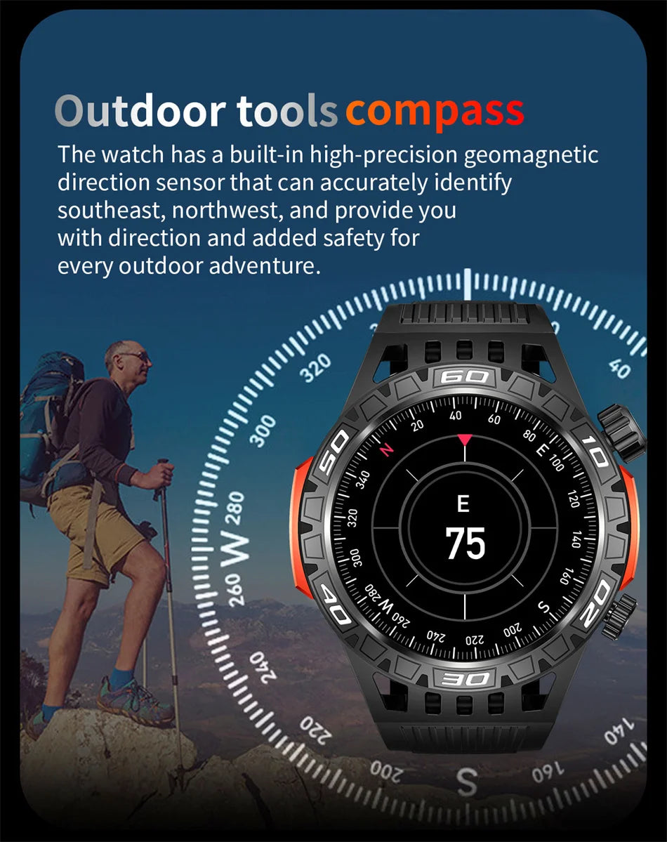 Outdoor Military Smart Watch Men's With LED lighting Bluetooth Call Smartwatch 3ATM IP68 Waterproof Compass Sports Fitness Watch