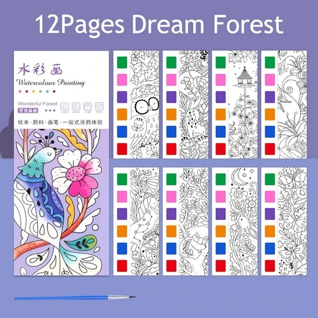 Portable Watercolor Painting Book 12 Sheets Coloring Book With Paint Brush Gouache Book Kids Graffiti Picture Drawing Toys