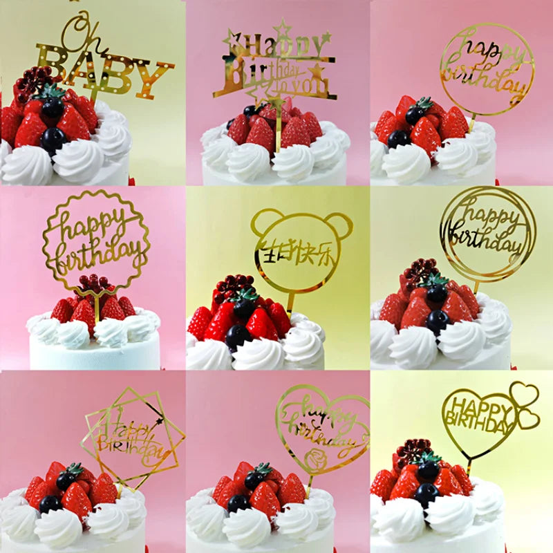 10pcs Multiple Styles Happy Birthday Cake Topper black Gold Cake Toppers Baby Shower Cake Birthday Party Cake Flag Decorations