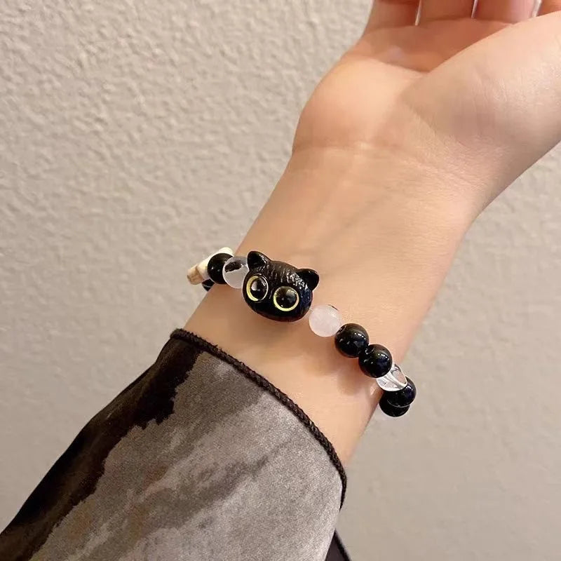 Cute Cat Bracelet For Women Funny Black Cat Bead Adjustable Braided Rope Charm Bracelets For Couple Friends Harajuku Jewelry