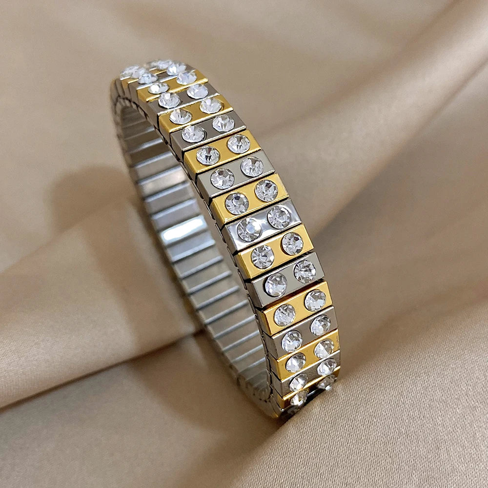 AENSOA Vintage Elasticity Stainless Steel Bangles Bracelet for Women Classic Heart Square Adjustable Wristband Waterproof Bangle