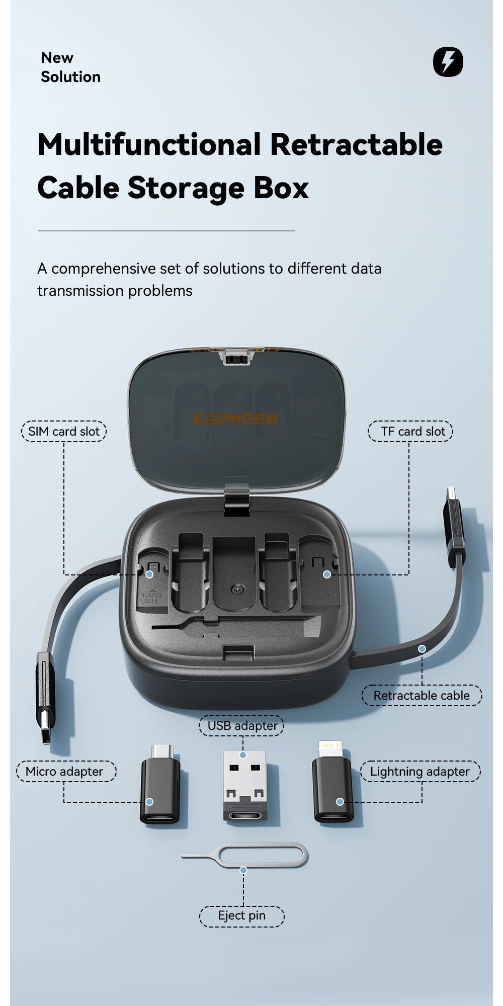 Essager USB C To Tpye C Cable PD 60W for Xiaomi Poco Fast Charging Data Travel Multi Functional Cord With Holder Storage Box