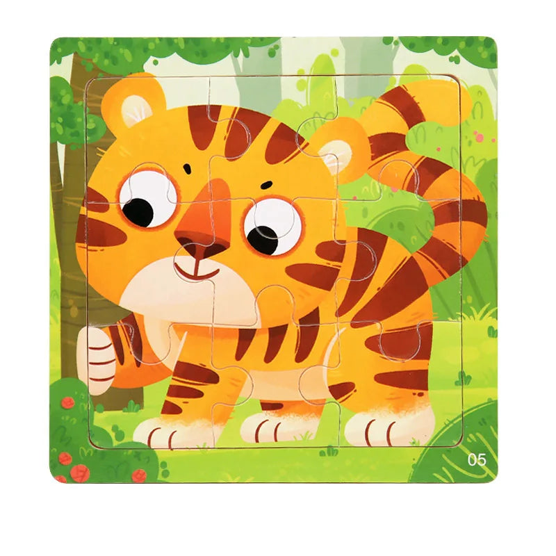 9 Piece Small Wooden Puzzle Cartoon Animal Vehicle 11x11cm Wood 3d Puzzle Montessori Educational Toys For Kids Gifts