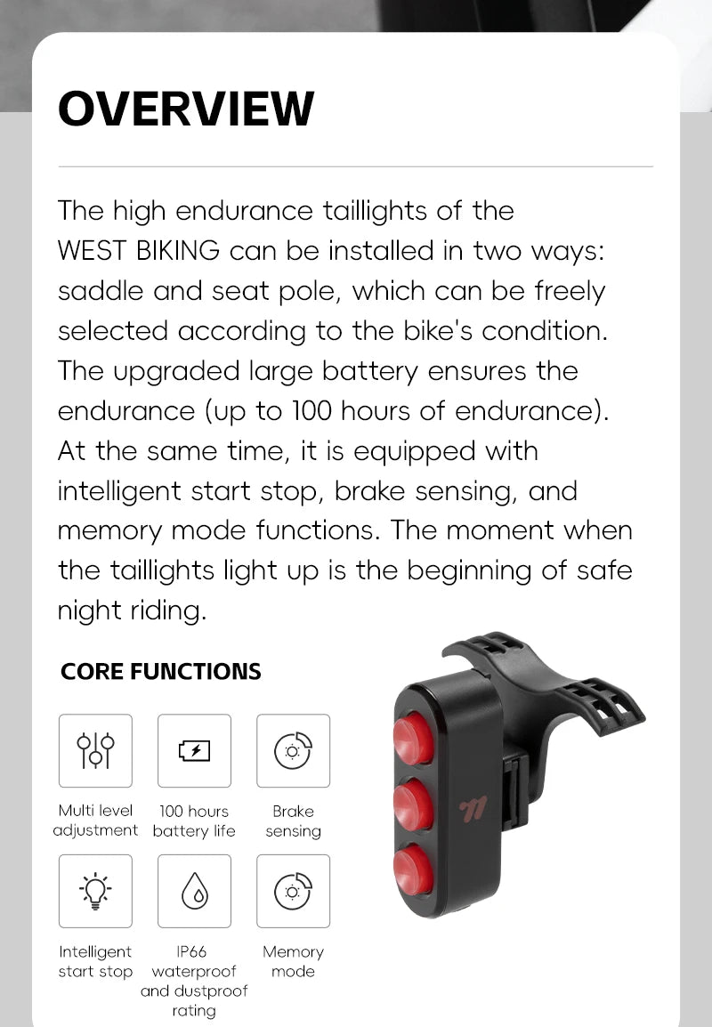 WEST BIKING Waterproof Bike Tail Light Smart Brake Sensing Rechargeable LED Cycling Rear Light Night Warning Bicycle Accessories