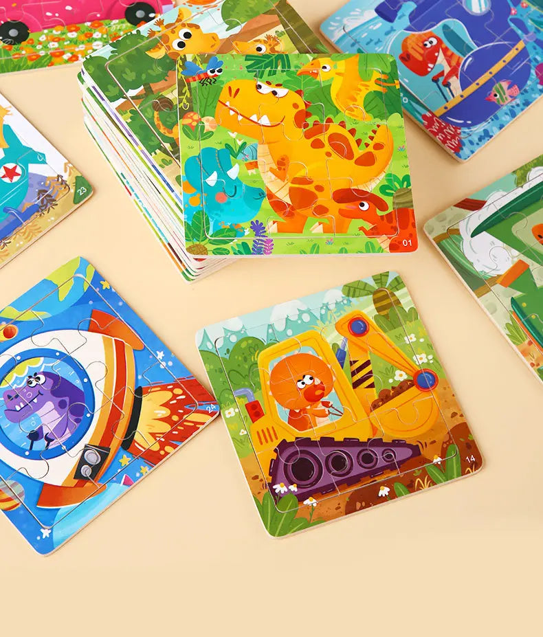 9 Piece Small Wooden Puzzle Cartoon Animal Vehicle 11x11cm Wood 3d Puzzle Montessori Educational Toys For Kids Gifts