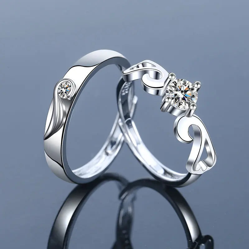 Luxury Crystal Angel Demon Couple Rings for Women Men Romantic Fashion Wings Design Adjustable Engagement Ring Wedding Jewelry