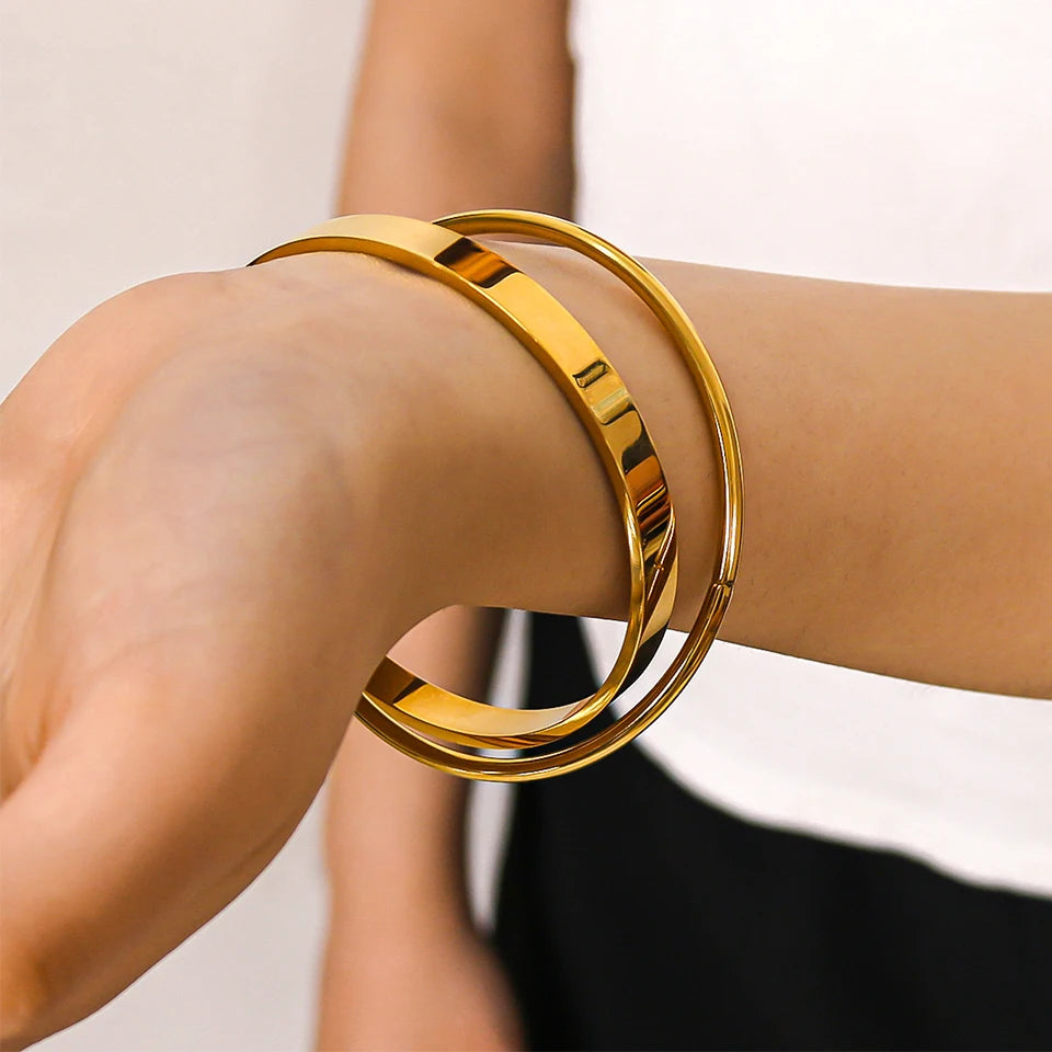 Yupsk Glossy Gold Color Stainless Steel Cuff Bangle for Women Smooth Thin Cylinder Bracelet Exquisite Waterproof Jewelry Gift