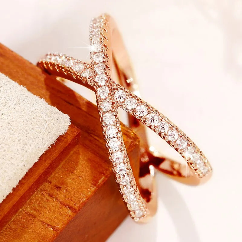 Simple Stylish Cross Shape Cubic Zirconia Rings for Women Fashon Female Finger Accessory Wedding Bands Statement Jewelry
