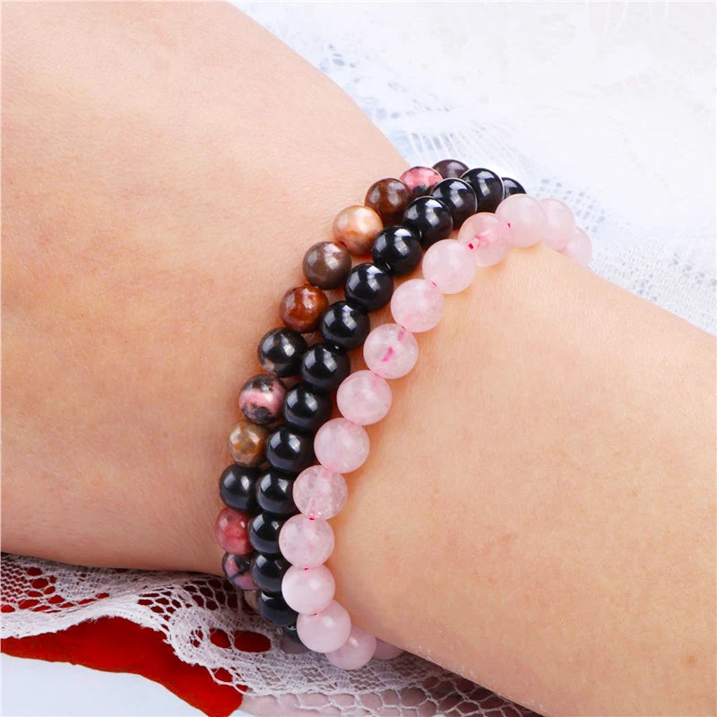 3Pcs Natural Stone Bracelet 8mm Rhodonite Rose Pink Quartzs Amethysts Hematite Bracelets For Women Men Jewelry