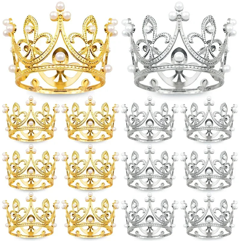 Mini Pearl Crown Cake Decoration Cupcake Topper Kids Hair Ornaments DIY Cake Baking Decoration For Wedding Birthday Party Decor