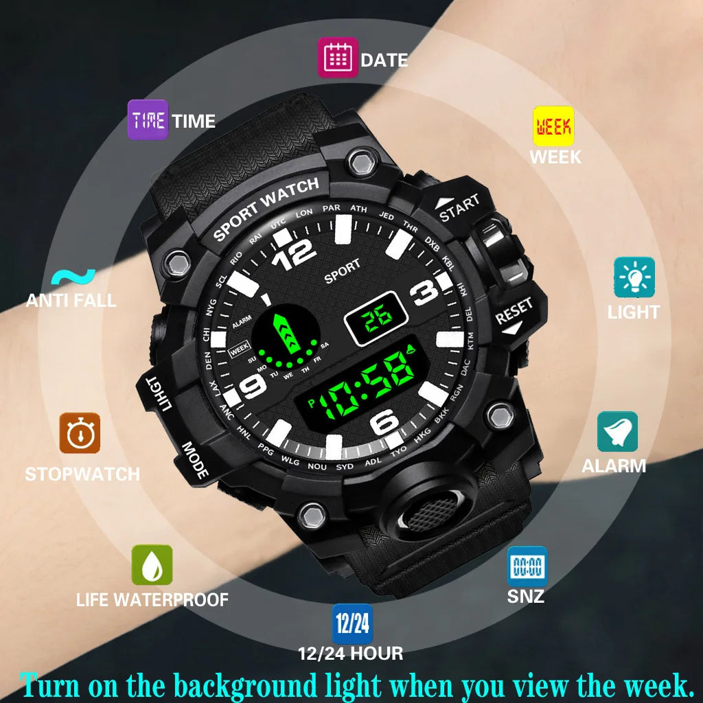 YIKAZE Sports Watch Men's LED Digital Watches Multifunction Military Waterproof Fitness Electronic Watch For Man