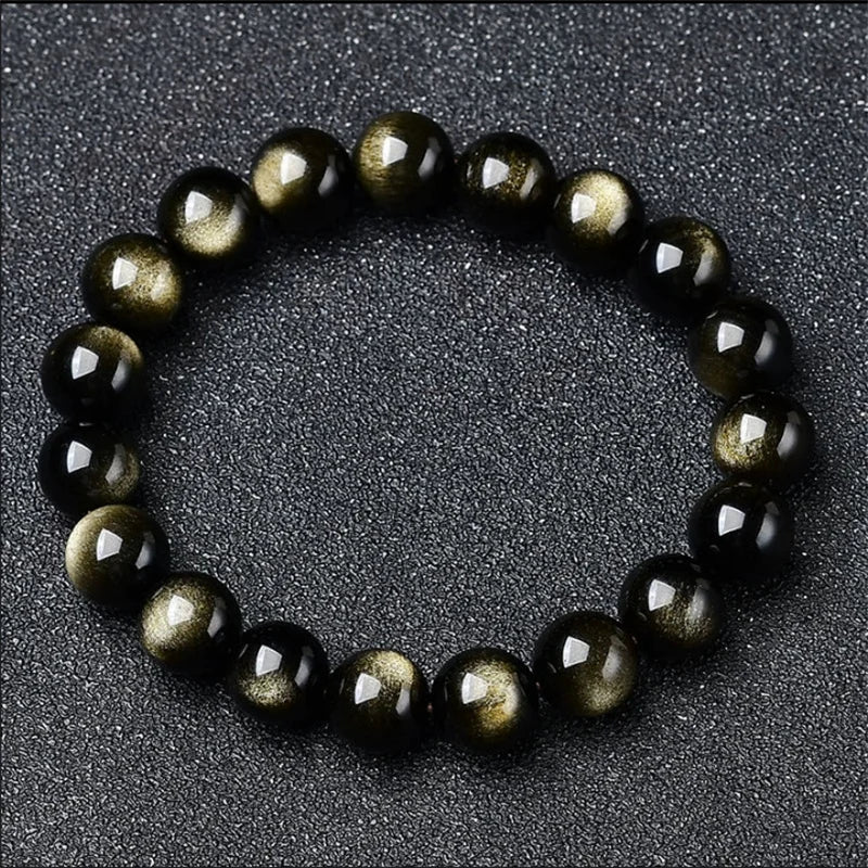 Natural Golden Obsidian Stone Beads Bracelet Men Women Golden Light Rainbow Obsidian Raw Stone Round Bead Natural Energy Jewelry